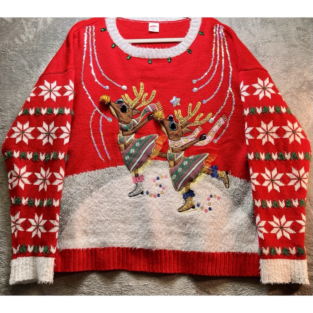 Ugly Christmas Sweater Ice Skating Reindeer Embellished Womens XL Holiday‎ Time